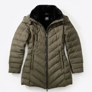 Zara Olive Green Down Puffer Coat Small Faux Fur Hood